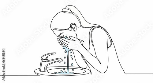Single line illustration of a woman washing her face with water in a bathroom