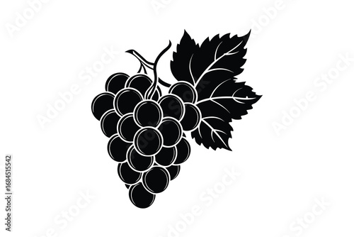 A detailed black silhouette of a ripe bunch of dark grapes with textured leaves isolated on white background silhouette