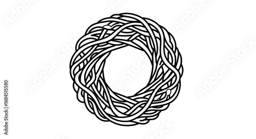 Abstract black and white circle design element vector illustration tangled rope knot graphic artistic shape