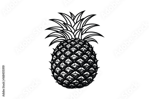 Detailed black and white silhouette of a ripe pineapple with leafy crown isolated on white background