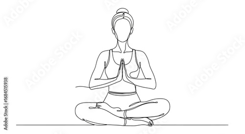 Minimalist continuous line drawing of a woman in lotus pose, embracing mindfulness and inner peace