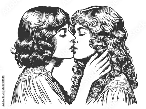 two women tenderly kissing, symbolizing romance, affection with classic artistic detail sketch engraving generative ai fictional character vector illustration. Scratch board. Black and white image.