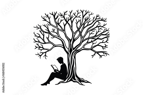 Silhouette of a person reading a book under a large bare tree isolated on white background