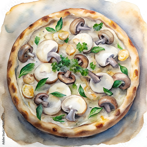 Mushroom Pizza Watercolor Illustration. Delicious Italian Food