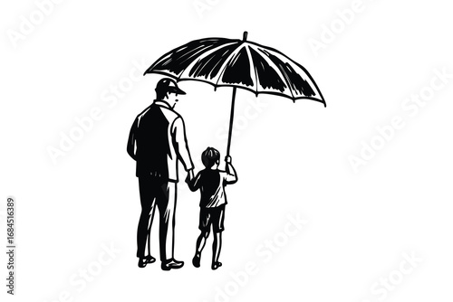 Father and son holding hands under an umbrella a heartwarming silhouette isolated on white background