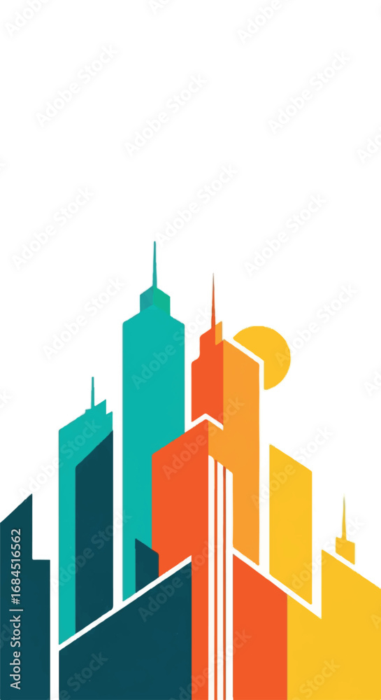 Obraz premium Modern City Skyline with Colorful Buildings and Sun.