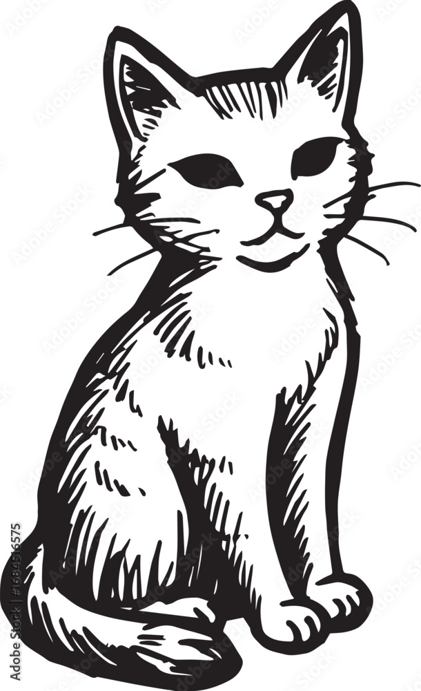 Obraz premium Cat Doodle Black and White Illustration Vector Image Cute Kitten Sketch Line Art Drawing Silhouette 