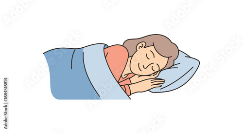 Restful slumber illustration of a woman peacefully sleeping in bed under the blanket