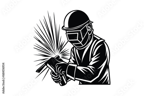 Skilled welder in protective gear performing welding work with sparks flying depicted as a striking silhouette isolated on white background