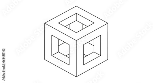 Isometric representation of a hollow cube with a central void and side openings