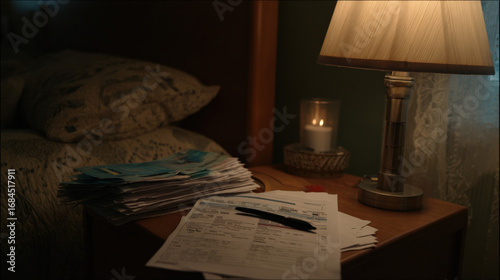 A hospital room with medical bills piled on a bedside table and an unfinished health insurance claim form, symbolizing financial strain, the claims process, and uncertainty in healthcare coverage