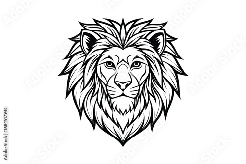 Majestic lion head silhouette with detailed mane in a striking black and white illustration isolated on white background