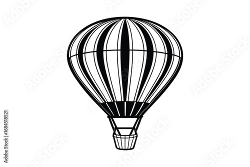 Vintage hot air balloon silhouette with detailed stripes and basket isolated on white background