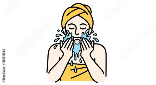 Woman cleansing her face with water graphic vector illustration for skincare routine
