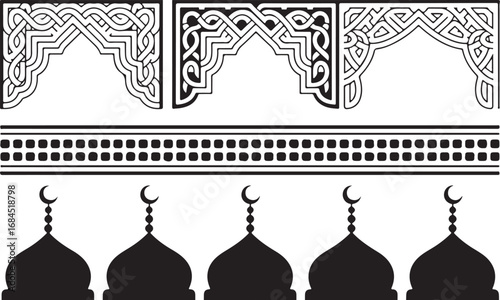 Islamic Decorative Vector Elements: A set of black and white illustrations featuring traditional arches, borders, and mosque silhouettes for design projects.