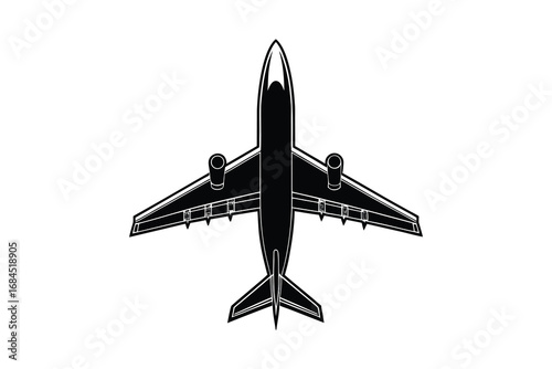 Top view silhouette of a modern jet airplane with detailed engines and wings isolated on white background