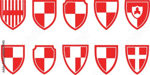 Collection of Shield Icons in Red and White with Varied Heraldic Designs