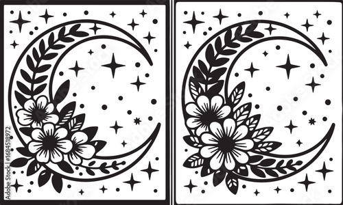 Crescent Moon with Flowers: A set of two magical vector illustrations of a celestial crescent moon adorned with beautiful flowers and twinkling stars.