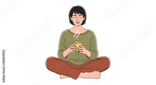 Serene moment: Woman in lotus position enjoying warm beverage for relaxation and wellness