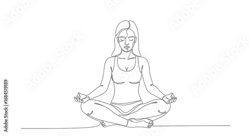 Minimalist illustration of a woman meditating in lotus position promoting inner peace
