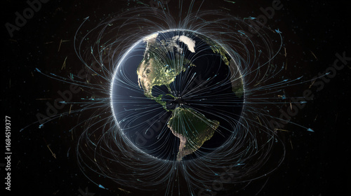 A map showing the shifting movement of Earth’s magnetic poles over time, with arrows indicating changes in the poles' locations, illustrating the dynamic nature of the magnetic poles and their gradual