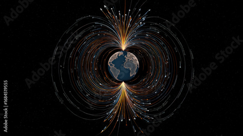A map showing the shifting movement of Earth’s magnetic poles over time, with arrows indicating changes in the poles' locations, illustrating the dynamic nature of the magnetic poles and their gradual