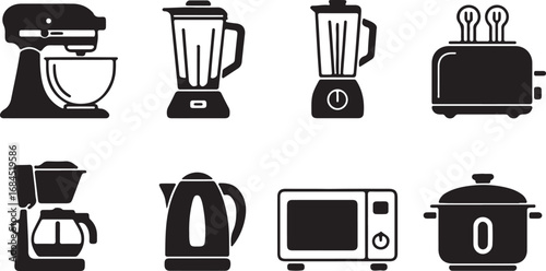 Kitchen Appliances Icon Set: A collection of black vector silhouettes representing common home cooking and food preparation devices.