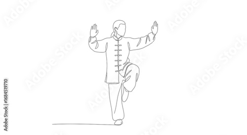 Single line drawing illustration of person in Tai Chi stance fostering wellness
