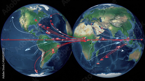 A map showing the shifting movement of Earth’s magnetic poles over time, with arrows indicating changes in the poles' locations, illustrating the dynamic nature of the magnetic poles and their gradual
