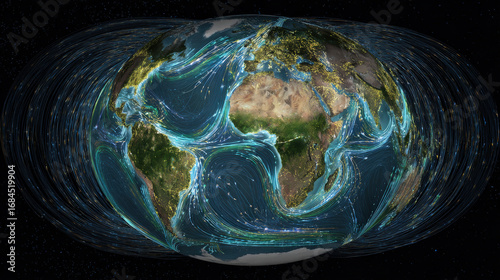 A map showing the shifting movement of Earth’s magnetic poles over time, with arrows indicating changes in the poles' locations, illustrating the dynamic nature of the magnetic poles and their gradual
