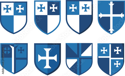 Heraldic Shields Set Blue & White Medieval Emblems, Cross Variations, Isolated Vectors