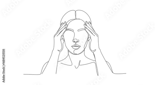 Headache expression in continuous line drawing showcases discomfort and distress