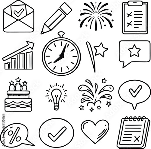 Hand-Drawn Set of Icons for Celebration, Success, and Productivity