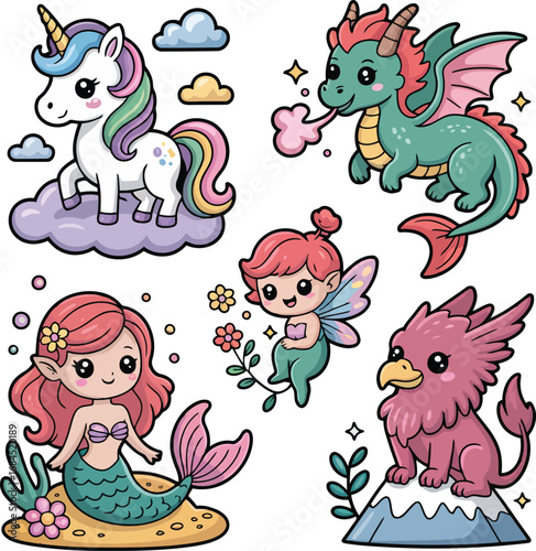 Fantasy Creatures Including Unicorn Dragon Mermaid Fairy Griffin With Clouds vector illustration