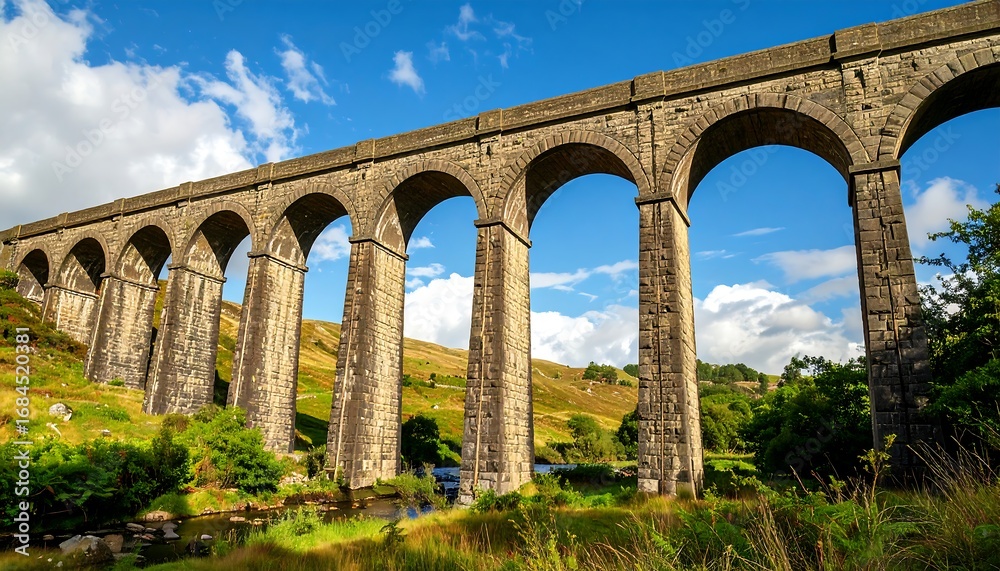 Fototapeta premium A majestic stone railway viaduct spans a valley, showcasing impressive arches and supporting pillars against a vibrant sky.