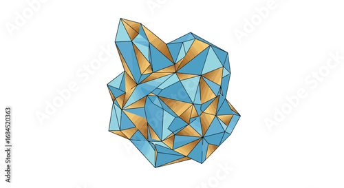 Geometric blue and gold abstraction displaying a complex crystalline structure