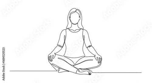 Continuous line drawing of a woman meditating, promoting mindfulness and relaxation through