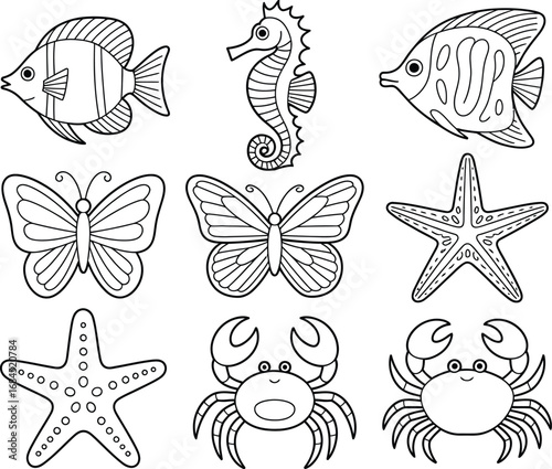 Black silhouette illustrations of sea creatures arranged in a white background.