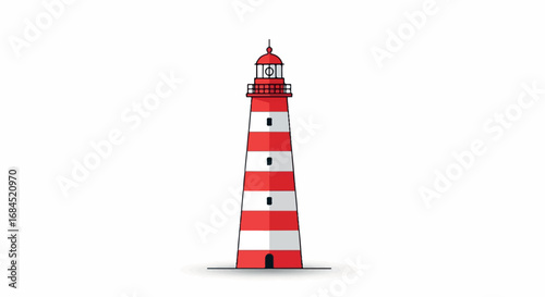 Red and white striped lighthouse on white background.