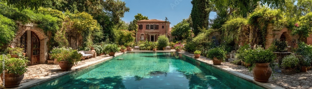 Fototapeta premium Square pool in the Greek villa garden concept. Beautiful villa with a serene pool surrounded by lush greenery.