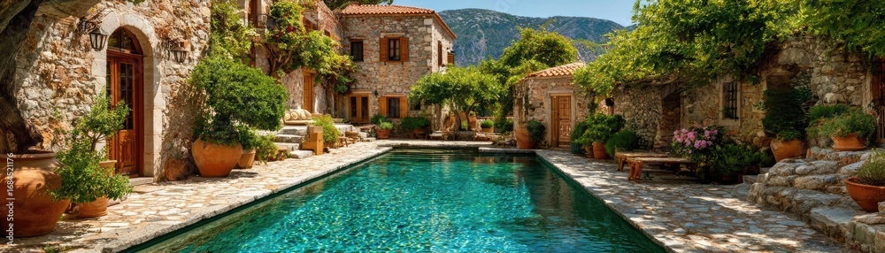 Fototapeta premium Square pool in the Greek villa garden concept. Charming villa with a serene pool surrounded by lush greenery.