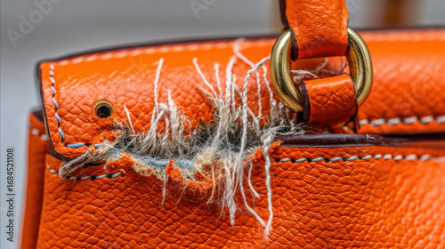Artistic close-up of handbag corner with frayed edges, imperfect stitching, and misaligned logo plate illustrating counterfeit luxury goods
