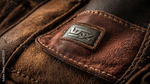 Artistic close-up of handbag corner with frayed edges, imperfect stitching, and misaligned logo plate illustrating counterfeit luxury goods