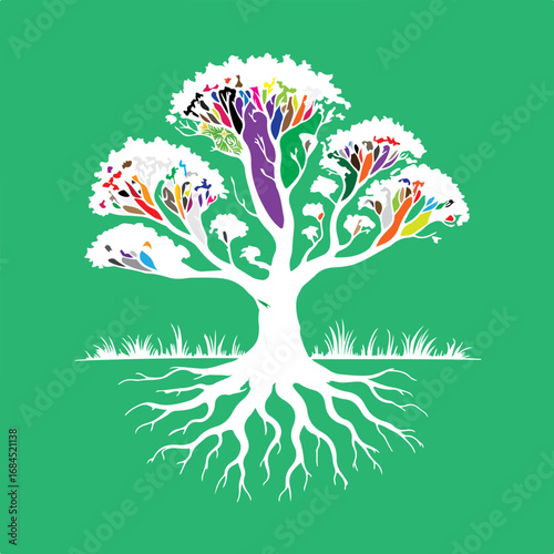 Diverse tree with colorful branches and roots green