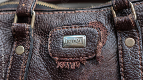 Artistic close-up of handbag corner with frayed edges, imperfect stitching, and misaligned logo plate illustrating counterfeit luxury goods