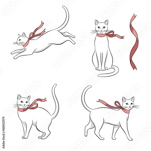 Whimsical white kittens adorned with delicate ribbons in various playful poses and elegant sitting stances