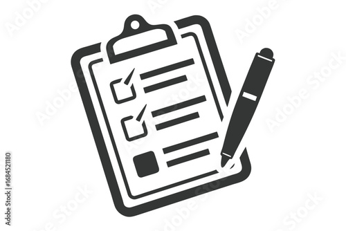 Black Checklist Clipboard with Pen, Checked Boxes, and Lines on White Background