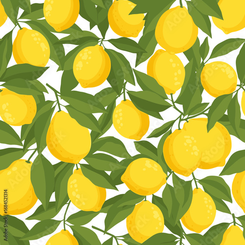 A vibrant seamless pattern featuring fresh ripe lemons and lush green leaves on a white background
