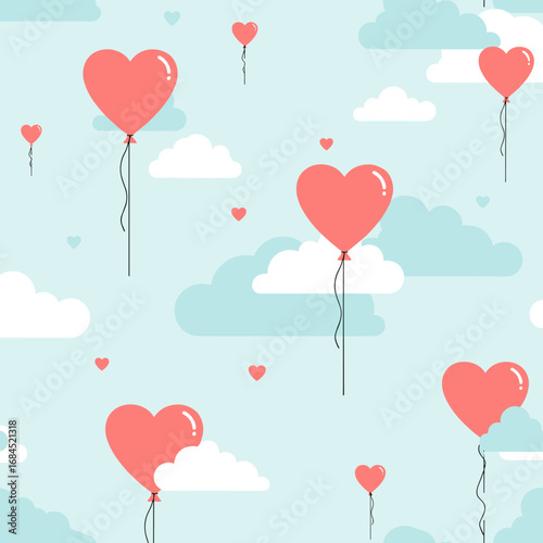 A gentle sky filled with floating coral heart shaped balloons and wispy clouds on a beautiful day