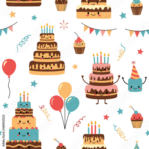 Joyful celebration sweet treats adorable birthday cakes and festive decorations seamless pattern